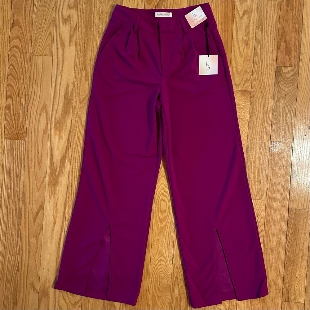 Happily Grey Fuchsia Wide Leg Trouser Pant 1 Juniors NWT Slit Hem Party Office